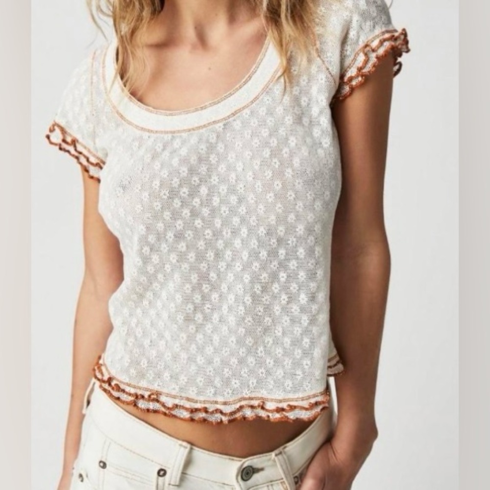 Free People White and Rust Short Sleeve Top